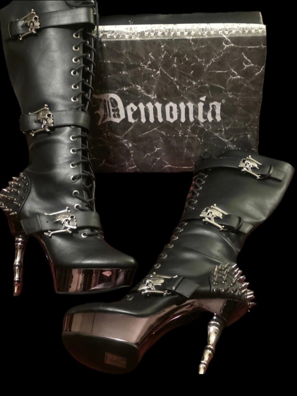 Demonia muerto 2028 chrome bone spiked heel skull buckle lace up boots 11 BNIB - Picture 13 of 17